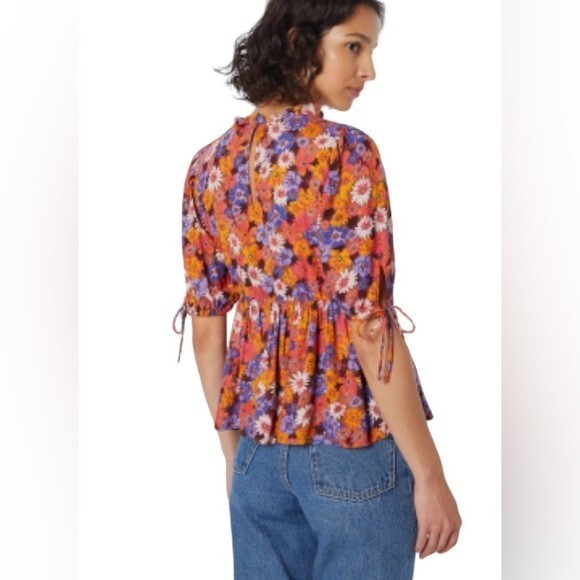 Vero Moda Multicolor Floral Peplum Smocked Top Ruffle Tie Sleeve Keyhole Back - Picture 2 of 15